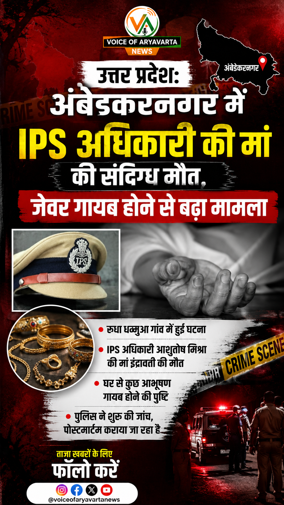उत्तर प्रदेश: अंबेडकर नगर में आईपीएस अधिकारी की माँ की संदिग्ध हालत में मौत